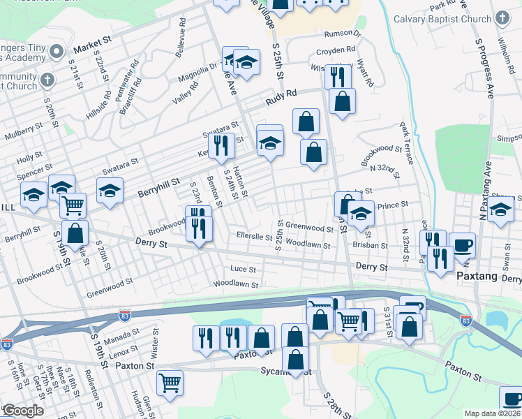 map of restaurants, bars, coffee shops, grocery stores, and more near 2426 Ellerslie Street in Harrisburg