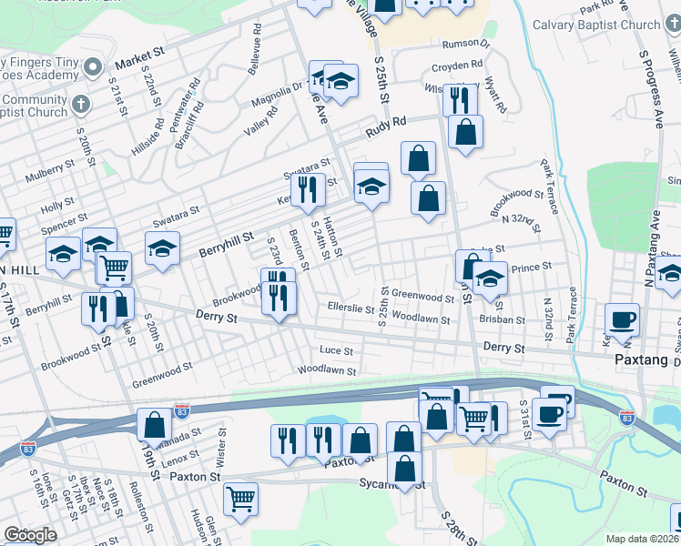 map of restaurants, bars, coffee shops, grocery stores, and more near 634 South 24th Street in Harrisburg