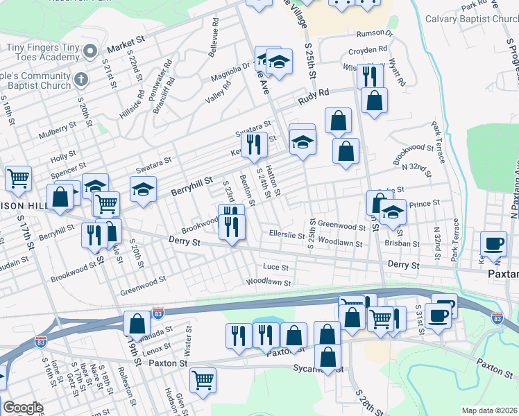 map of restaurants, bars, coffee shops, grocery stores, and more near 625 South 23rd Street in Harrisburg