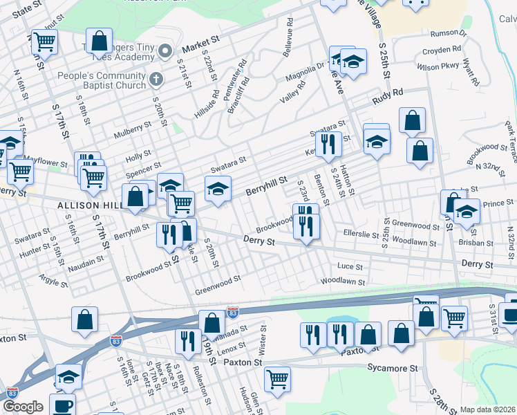 map of restaurants, bars, coffee shops, grocery stores, and more near 744 Girard Street in Harrisburg