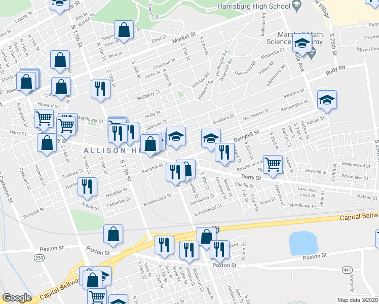 map of restaurants, bars, coffee shops, grocery stores, and more near 1934 Derry Street in Harrisburg