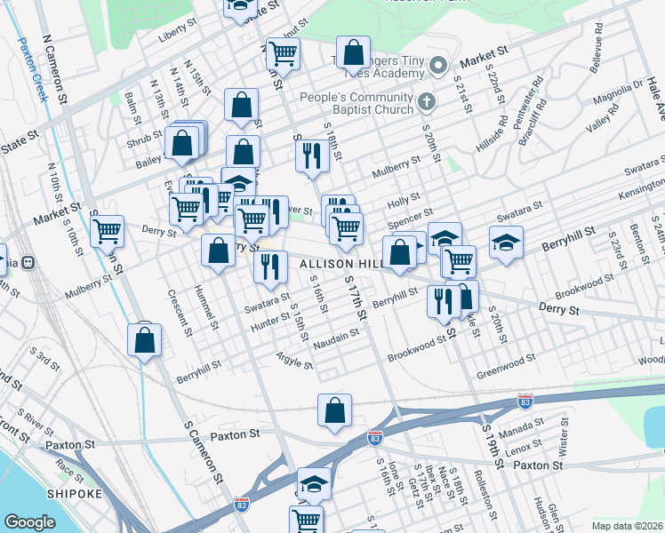 map of restaurants, bars, coffee shops, grocery stores, and more near in Harrisburg