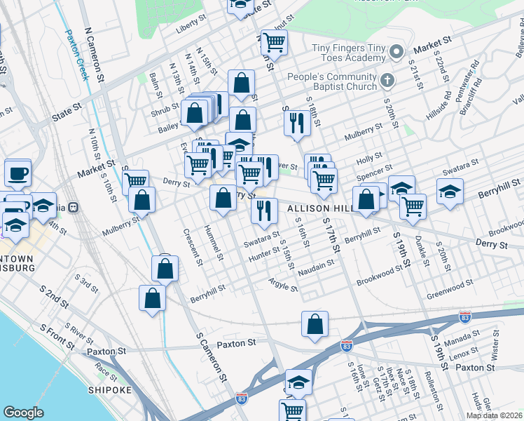 map of restaurants, bars, coffee shops, grocery stores, and more near 331 South 14th Street in Harrisburg