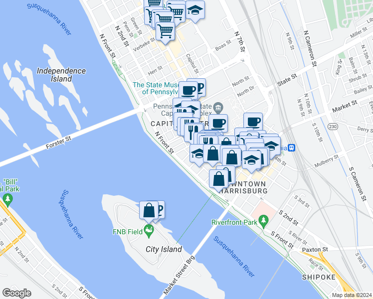 map of restaurants, bars, coffee shops, grocery stores, and more near 315 North Front Street in Harrisburg