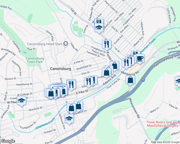 map of restaurants, bars, coffee shops, grocery stores, and more near Vine Street in Canonsburg