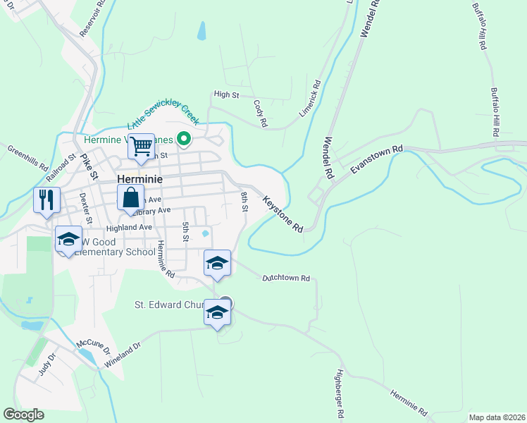 map of restaurants, bars, coffee shops, grocery stores, and more near 126 Keystone Road in Herminie