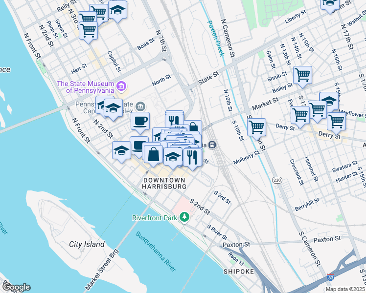 map of restaurants, bars, coffee shops, grocery stores, and more near 326 Market Street in Harrisburg