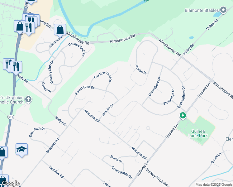 map of restaurants, bars, coffee shops, grocery stores, and more near 2242 Forest Glen Drive in Warrington