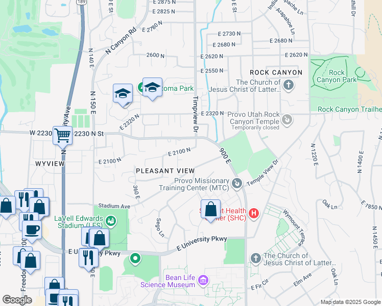 map of restaurants, bars, coffee shops, grocery stores, and more near 625 Stadium Avenue in Provo