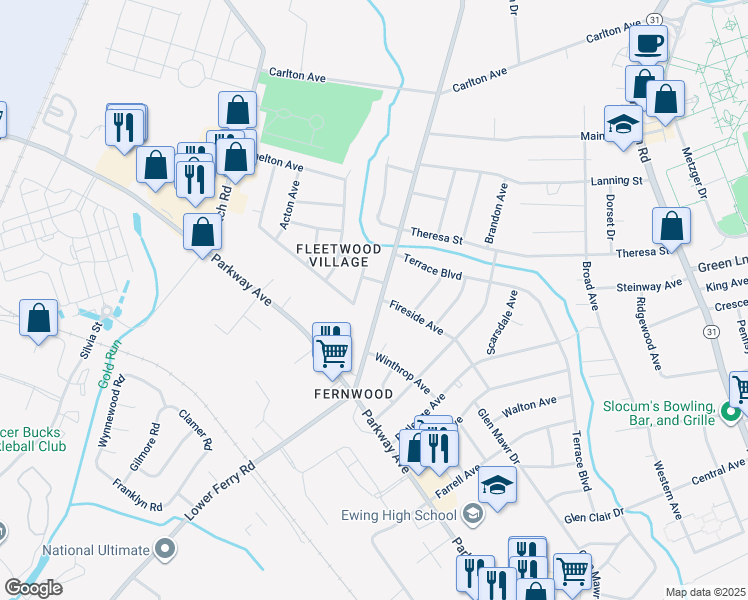 map of restaurants, bars, coffee shops, grocery stores, and more near 1145 Lower Ferry Road in Ewing Township