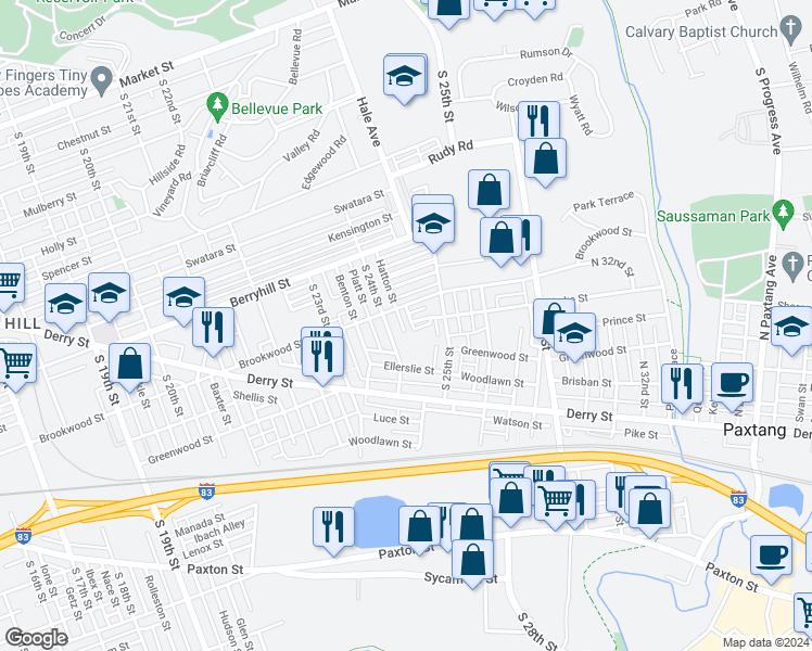 map of restaurants, bars, coffee shops, grocery stores, and more near 620 Fillmore Street in Harrisburg