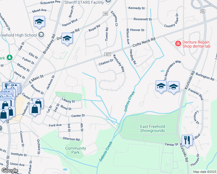 map of restaurants, bars, coffee shops, grocery stores, and more near 119 Kentucky Way in Freehold