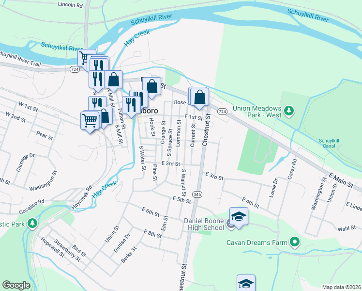 map of restaurants, bars, coffee shops, grocery stores, and more near 237 South Spruce Street in Birdsboro