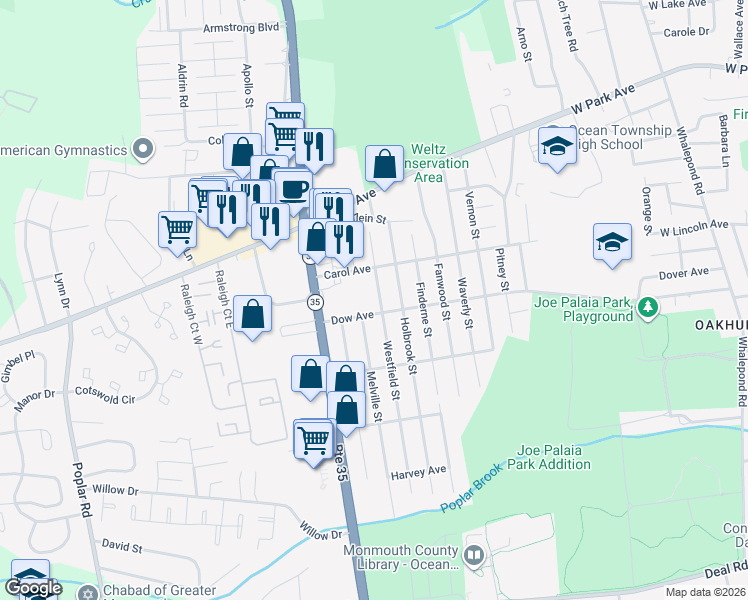 map of restaurants, bars, coffee shops, grocery stores, and more near 712 Dow Avenue in Monmouth County