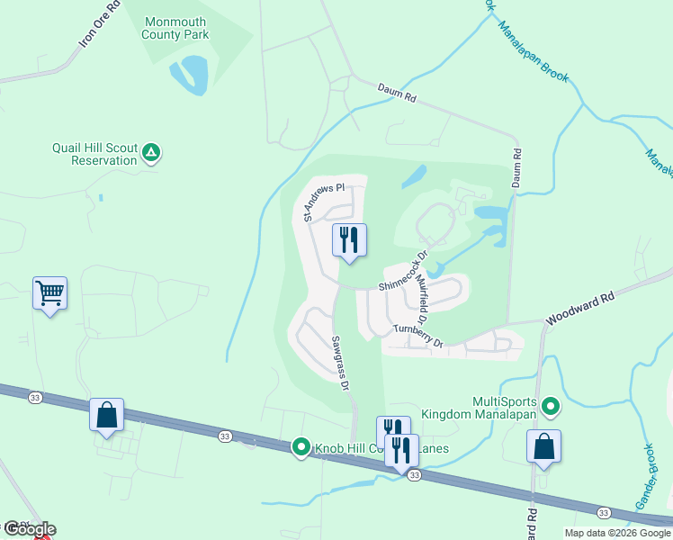 map of restaurants, bars, coffee shops, grocery stores, and more near 697 Saint Andrews Place in Manalapan Township