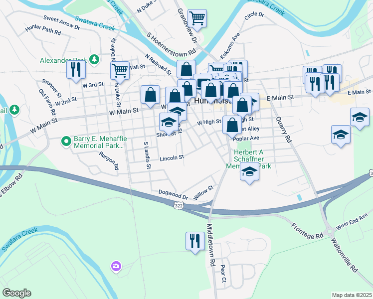 map of restaurants, bars, coffee shops, grocery stores, and more near 223 South John Street in Hummelstown