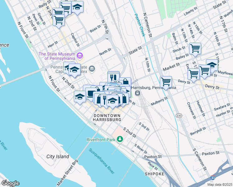 map of restaurants, bars, coffee shops, grocery stores, and more near in Harrisburg