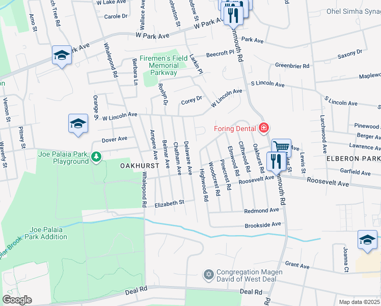 map of restaurants, bars, coffee shops, grocery stores, and more near 191 Delaware Avenue in Monmouth County
