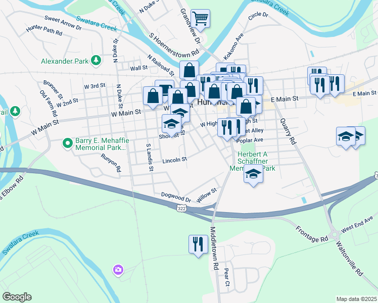 map of restaurants, bars, coffee shops, grocery stores, and more near 223 South John Street in Hummelstown