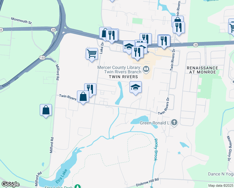 map of restaurants, bars, coffee shops, grocery stores, and more near 10A Dennison Drive in East Windsor