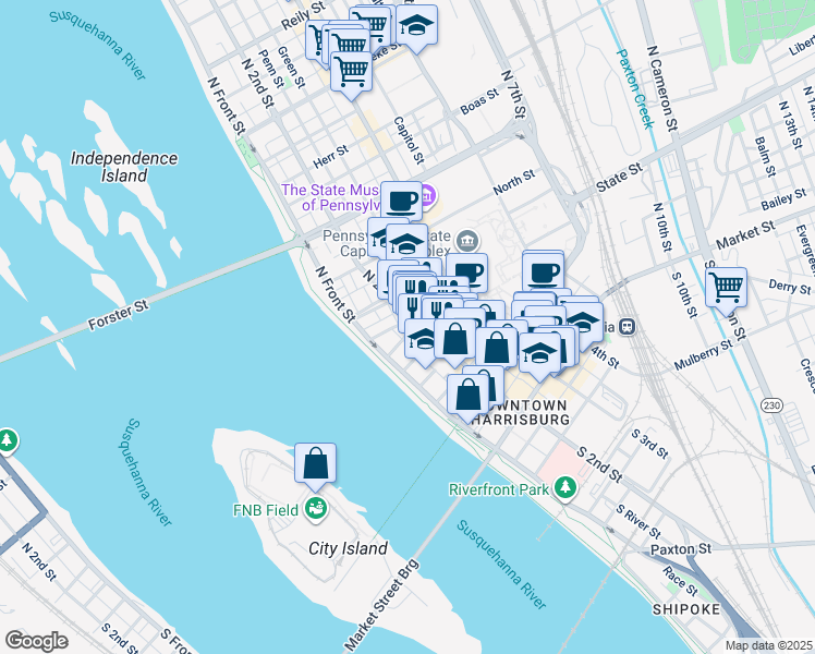 map of restaurants, bars, coffee shops, grocery stores, and more near 315 North Front Street in Harrisburg