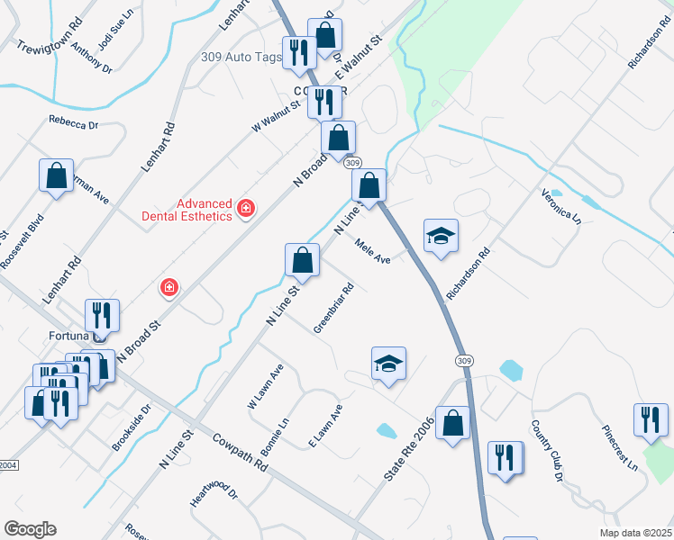 map of restaurants, bars, coffee shops, grocery stores, and more near Lenape Drive in Lansdale