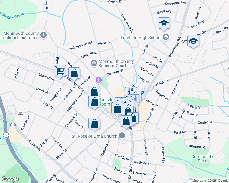 map of restaurants, bars, coffee shops, grocery stores, and more near 35 Court Street in Freehold