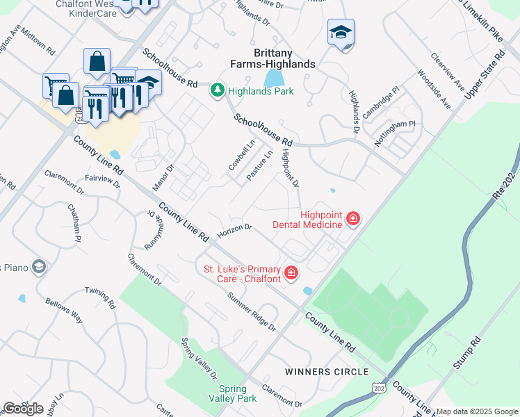 map of restaurants, bars, coffee shops, grocery stores, and more near 2000 Horizon Drive in Chalfont