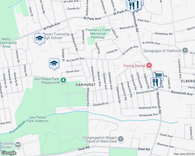 map of restaurants, bars, coffee shops, grocery stores, and more near 185 Ampere Avenue in Monmouth County