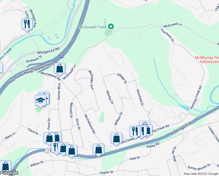 map of restaurants, bars, coffee shops, grocery stores, and more near 340 Martha Drive in Canonsburg