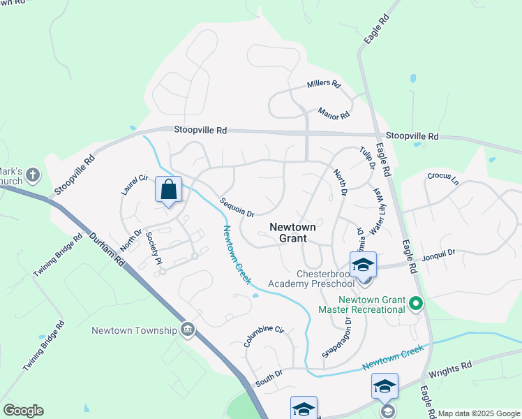 map of restaurants, bars, coffee shops, grocery stores, and more near 215 Sequoia Drive in Newtown