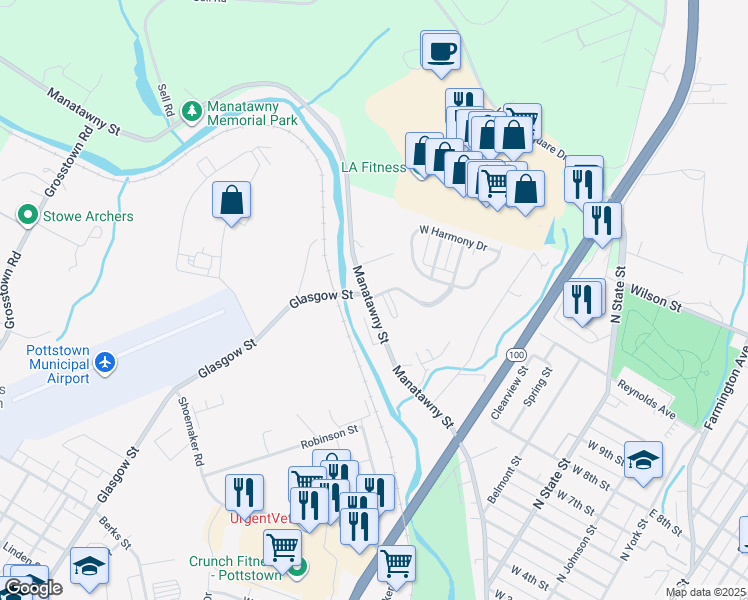 map of restaurants, bars, coffee shops, grocery stores, and more near 620 Manatawny Street in Pottstown