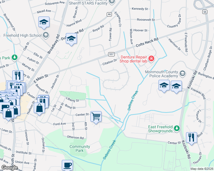 map of restaurants, bars, coffee shops, grocery stores, and more near 130 Kentucky Way in Freehold