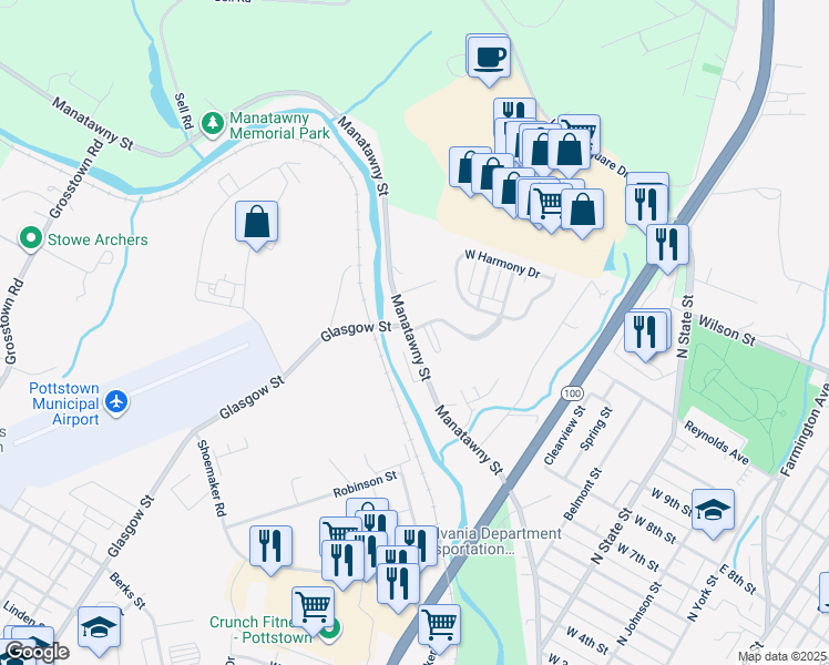 map of restaurants, bars, coffee shops, grocery stores, and more near 620 Manatawny Street in Pottstown