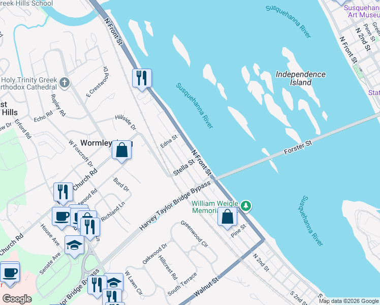 map of restaurants, bars, coffee shops, grocery stores, and more near 532 North River Street in Wormleysburg