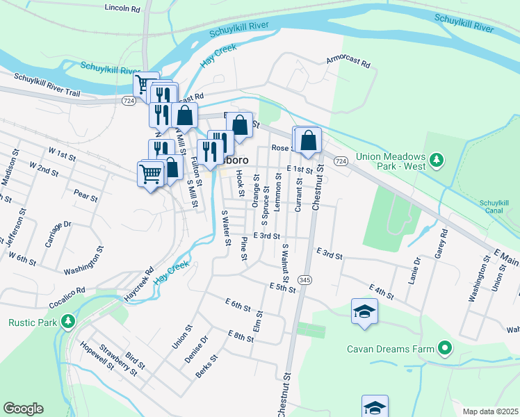 map of restaurants, bars, coffee shops, grocery stores, and more near 210 South Spruce Street in Birdsboro