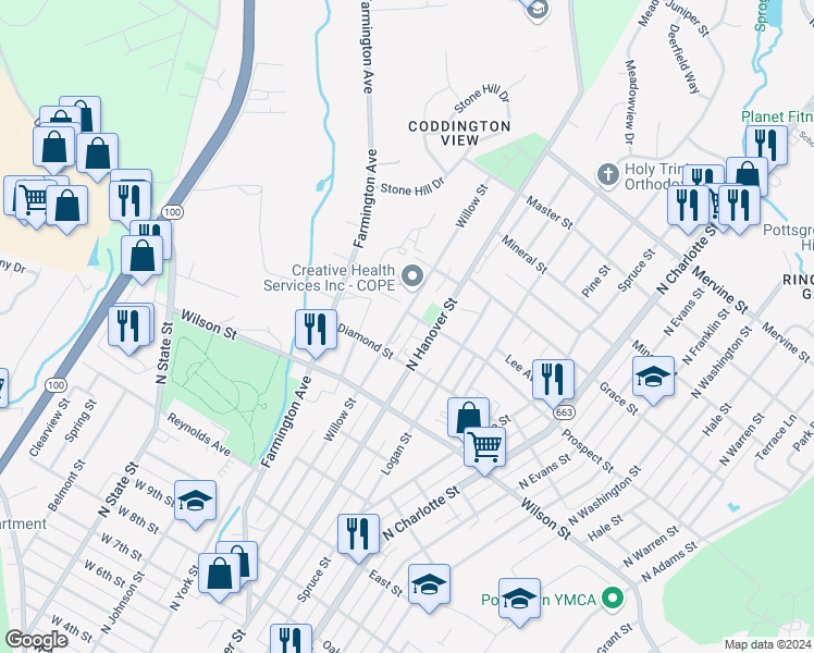 map of restaurants, bars, coffee shops, grocery stores, and more near 886 Willow Street in Pottstown