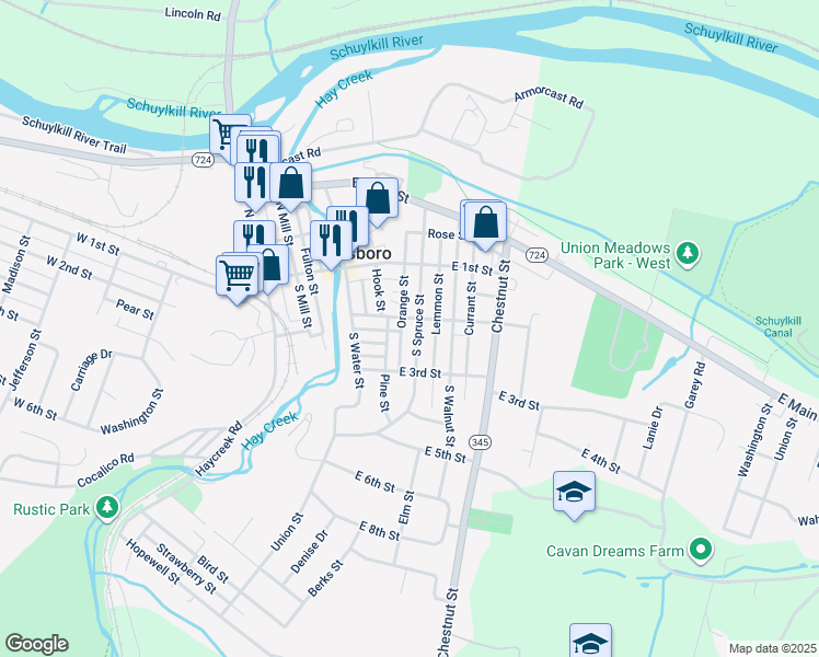 map of restaurants, bars, coffee shops, grocery stores, and more near 210 South Spruce Street in Birdsboro