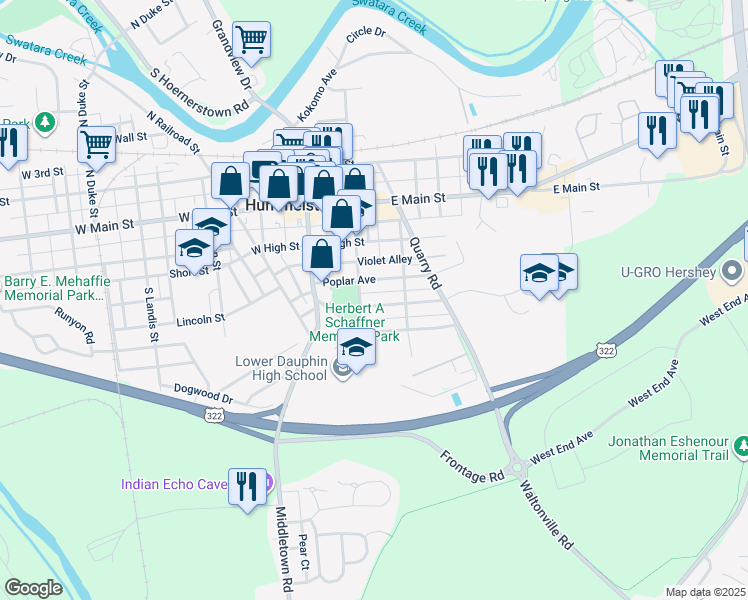 map of restaurants, bars, coffee shops, grocery stores, and more near 112 Park Avenue in Hummelstown