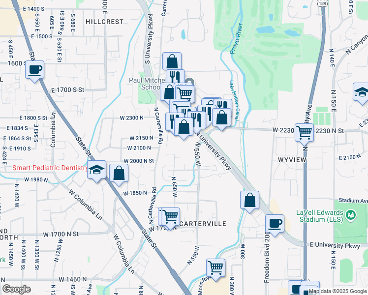 map of restaurants, bars, coffee shops, grocery stores, and more near 2255 North University Parkway in Provo