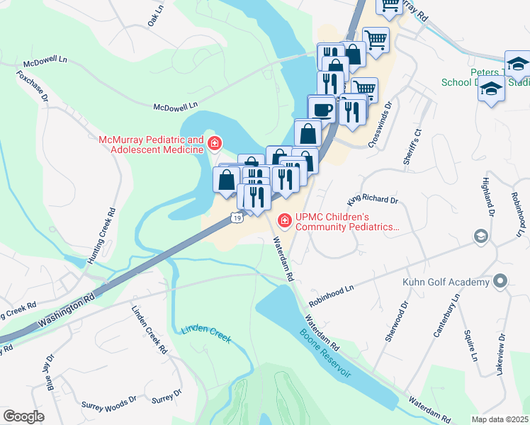 map of restaurants, bars, coffee shops, grocery stores, and more near 4196 Washington Road in Canonsburg
