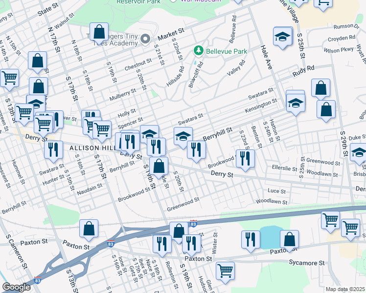 map of restaurants, bars, coffee shops, grocery stores, and more near 2041 Berryhill Street in Harrisburg