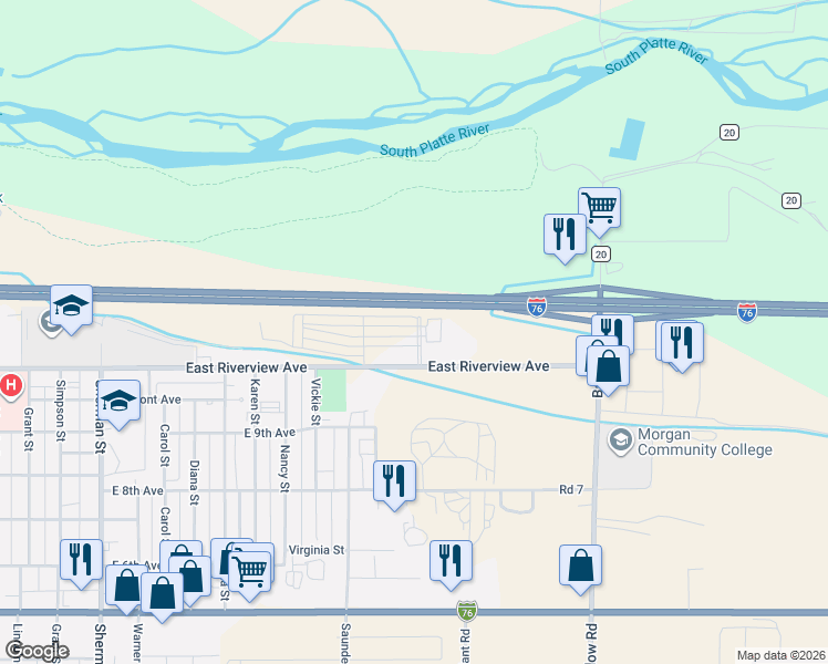 map of restaurants, bars, coffee shops, grocery stores, and more near 1290 Cottonwood Parkway in Fort Morgan
