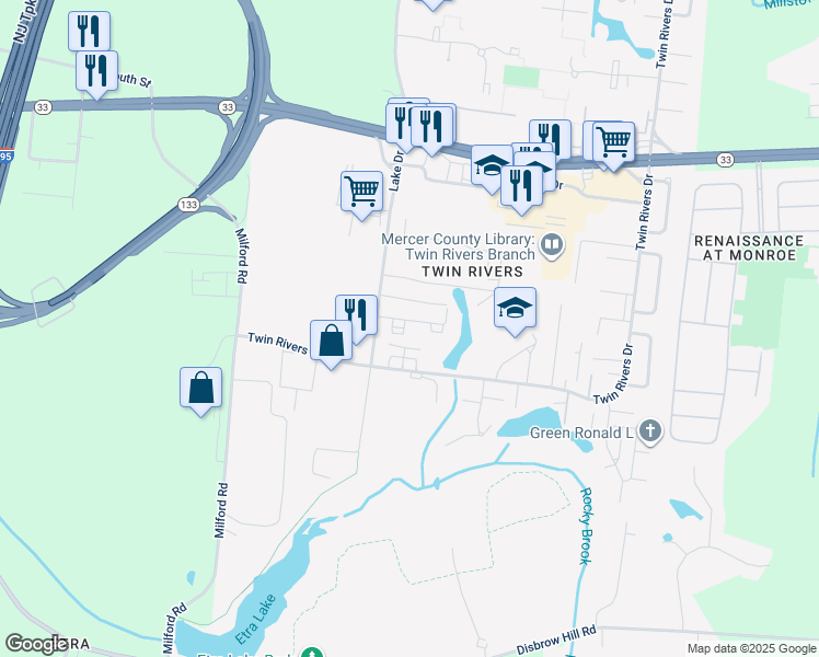 map of restaurants, bars, coffee shops, grocery stores, and more near 59 Dennison Drive in East Windsor