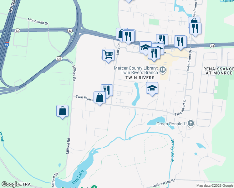 map of restaurants, bars, coffee shops, grocery stores, and more near 9H Dennison Drive in East Windsor