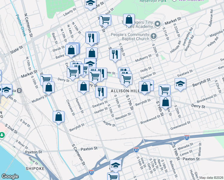 map of restaurants, bars, coffee shops, grocery stores, and more near 1514 Derry Street in Harrisburg