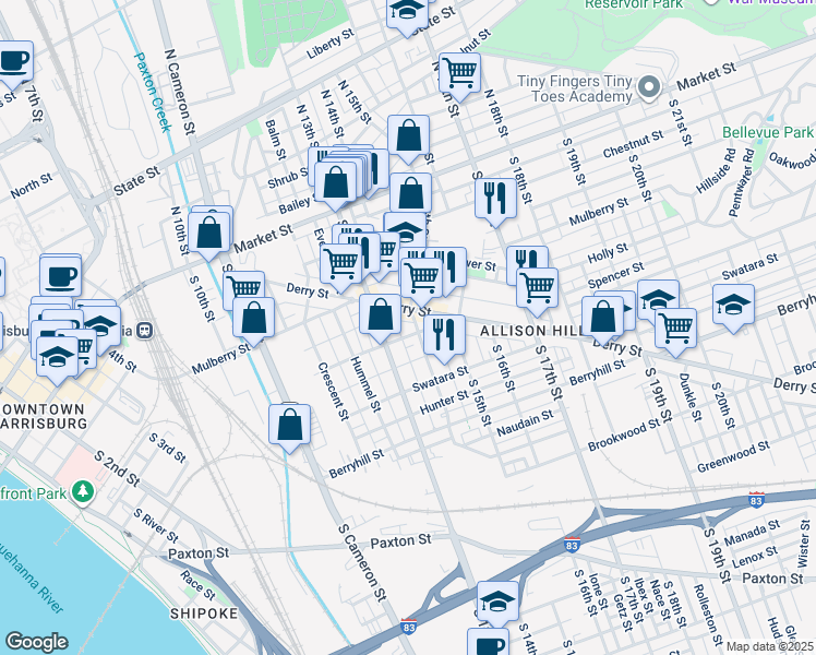 map of restaurants, bars, coffee shops, grocery stores, and more near 1334 Derry Street in Harrisburg