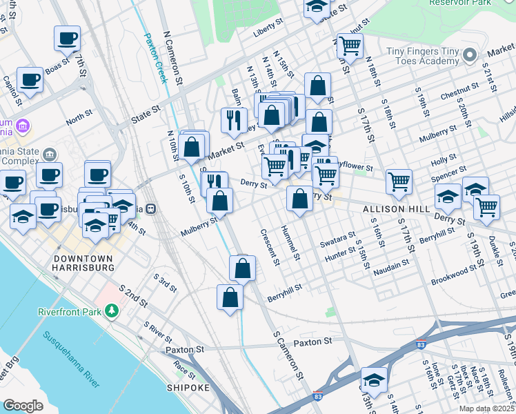 map of restaurants, bars, coffee shops, grocery stores, and more near 1201 Mulberry Street in Harrisburg