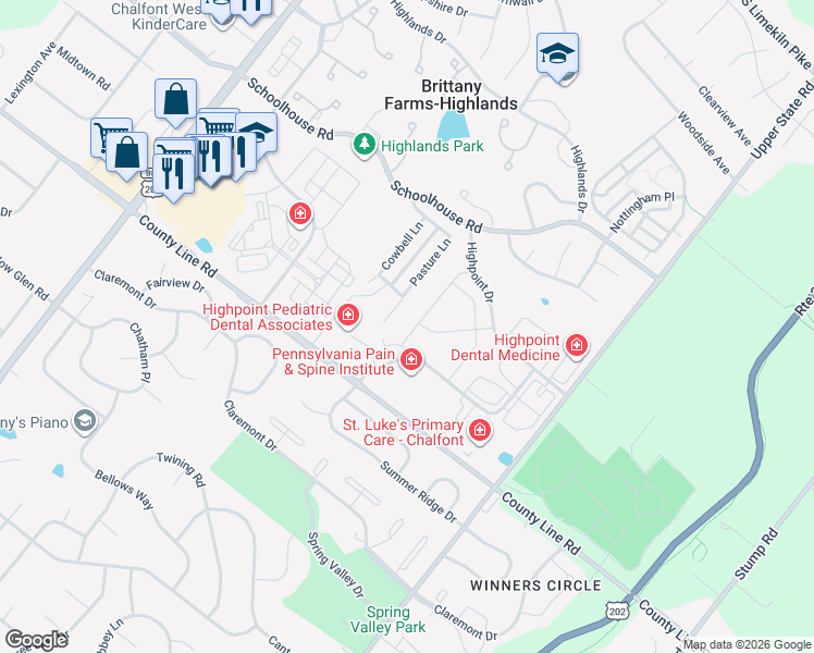 map of restaurants, bars, coffee shops, grocery stores, and more near 215 Foxhedge Road in Chalfont