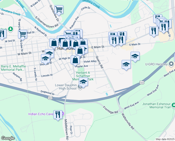 map of restaurants, bars, coffee shops, grocery stores, and more near 112 Park Avenue in Hummelstown